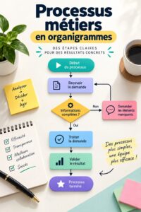 Un diagramme de flux illustrant un processus de gestion de projet, avec des étapes clairement définies.