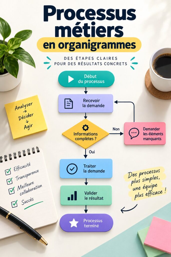 Un diagramme de flux illustrant un processus de gestion de projet, avec des étapes clairement définies.