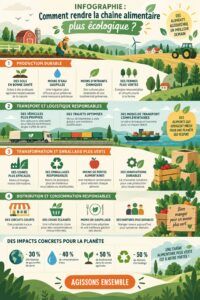Infographie sur l'éco-responsabilité de la chaîne d'approvisionnement alimentaire.