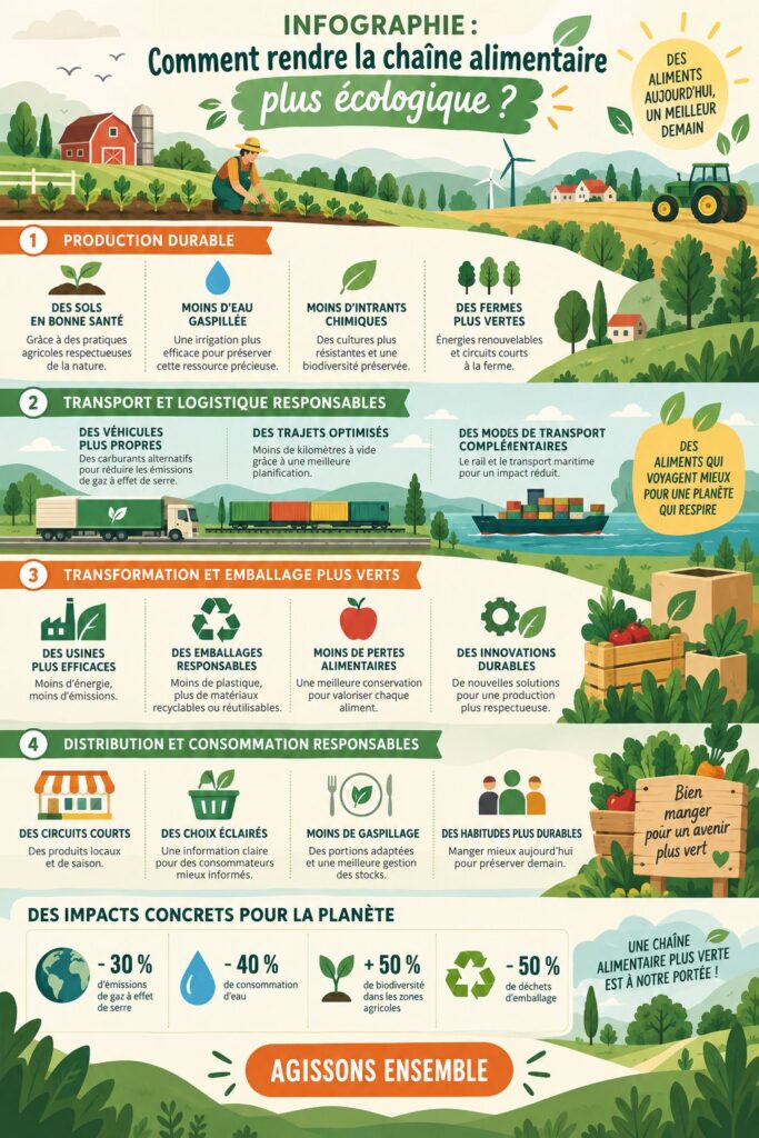 Infographie sur l'éco-responsabilité de la chaîne d'approvisionnement alimentaire.