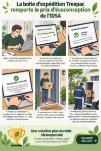 Emballages écoresponsables dans un environnement logistique, montrant des matériaux recyclés et durables.