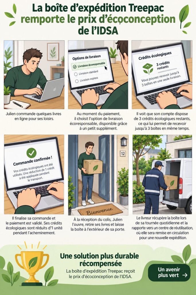 Emballages écoresponsables dans un environnement logistique, montrant des matériaux recyclés et durables.