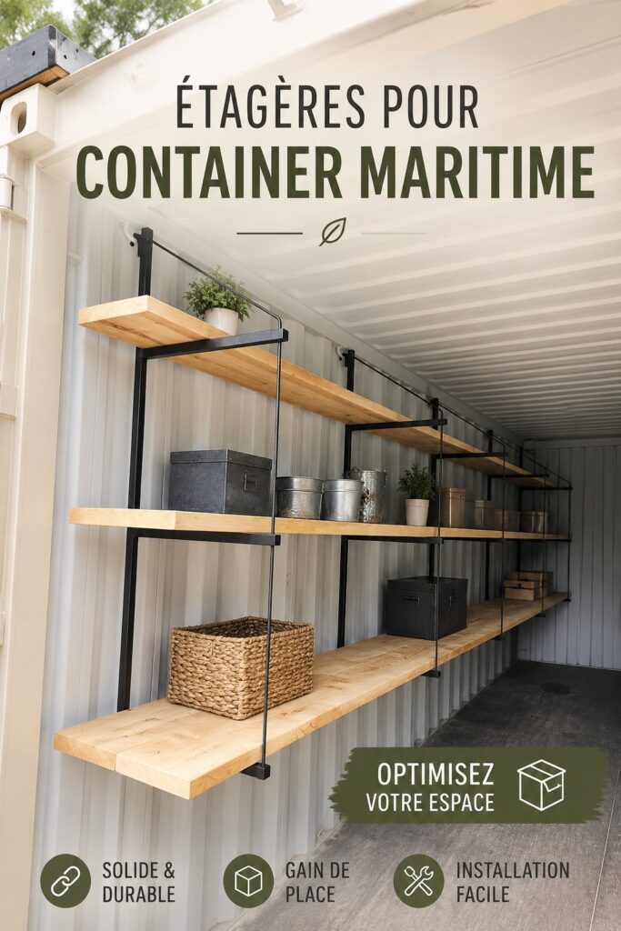 Étagère en conteneur maritime stylisée dans un intérieur moderne.