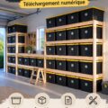 Etagère de garage en bois avec des bacs de rangement bien organisés.