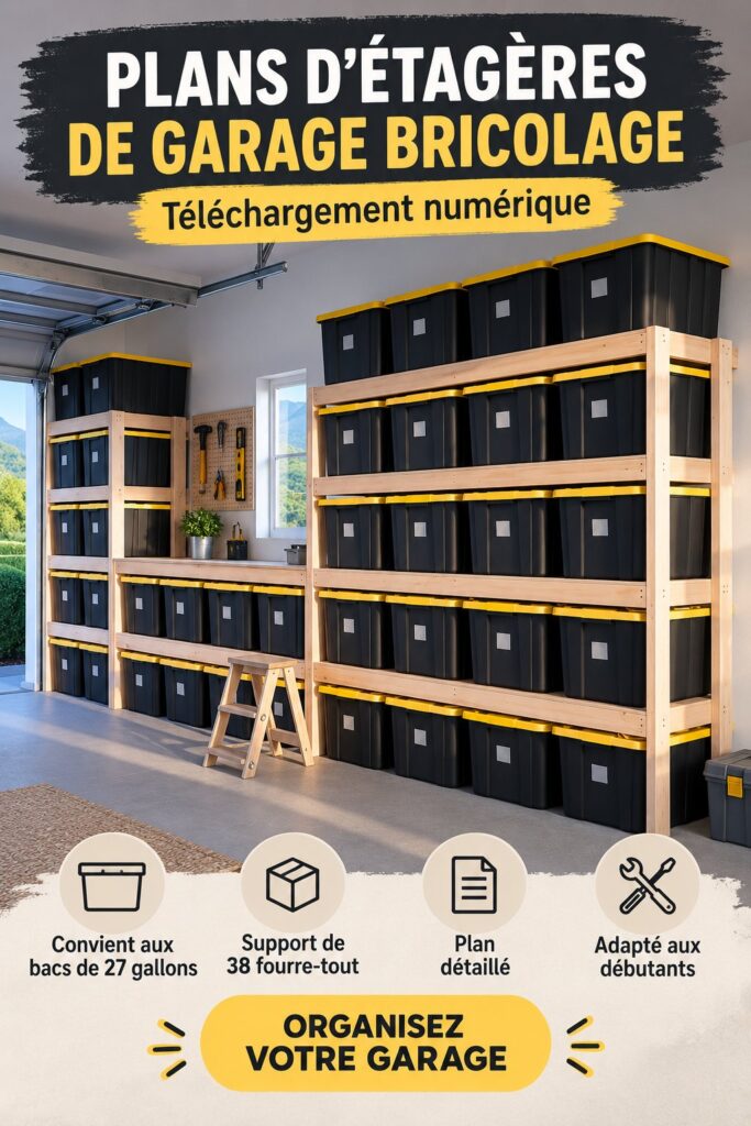 Etagère de garage en bois avec des bacs de rangement bien organisés.