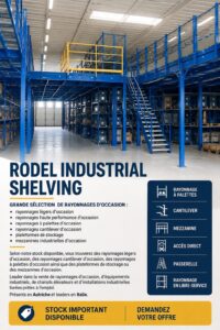 Etagères industrielles d'occasion dans un espace de rangement organisé