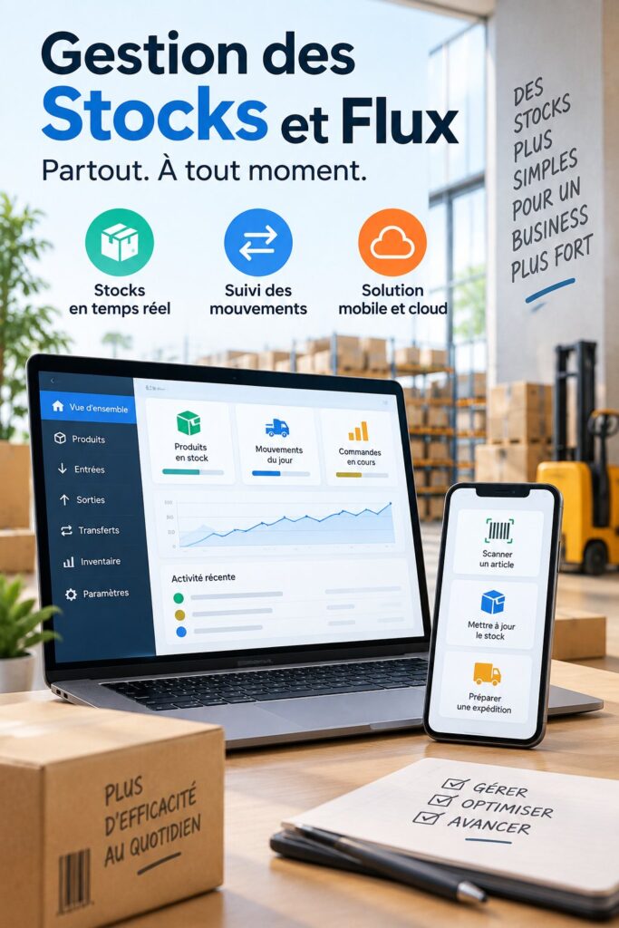 Capture d'écran d'une application mobile de gestion des stocks sur un smartphone.