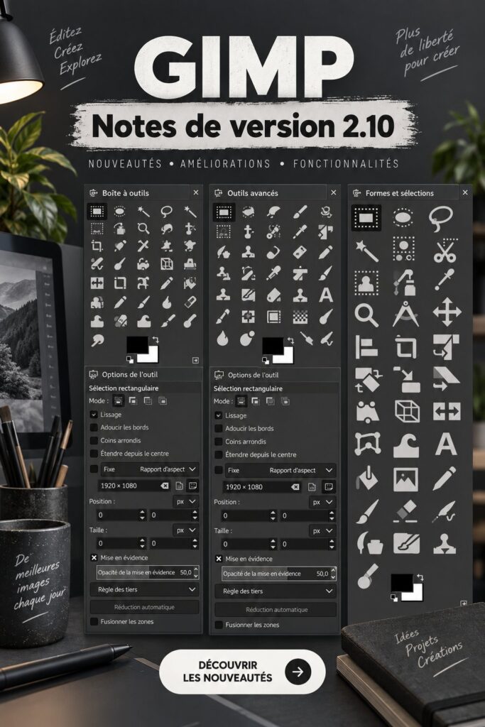 Interface utilisateur de GIMP 2.10 montrant ses nouvelles fonctionnalités de design.