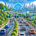 Femme utilisant une application de trafic sur son smartphone dans une voiture en ville
