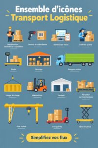 Icônes représentant différents modes de transport logistique sur un fond coloré