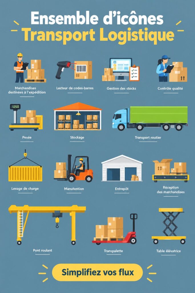 Icônes représentant différents modes de transport logistique sur un fond coloré