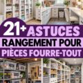 Une pièce à désordre réorganisée avec des étagères et des boîtes de rangement.