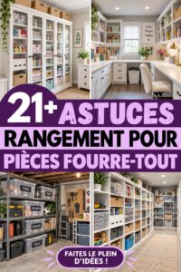 Une pièce à désordre réorganisée avec des étagères et des boîtes de rangement.
