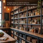 Un garde-manger moderne avec des éléments industriels comme des briques apparentes et des grilles métalliques.