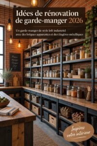 Un garde-manger moderne avec des éléments industriels comme des briques apparentes et des grilles métalliques.