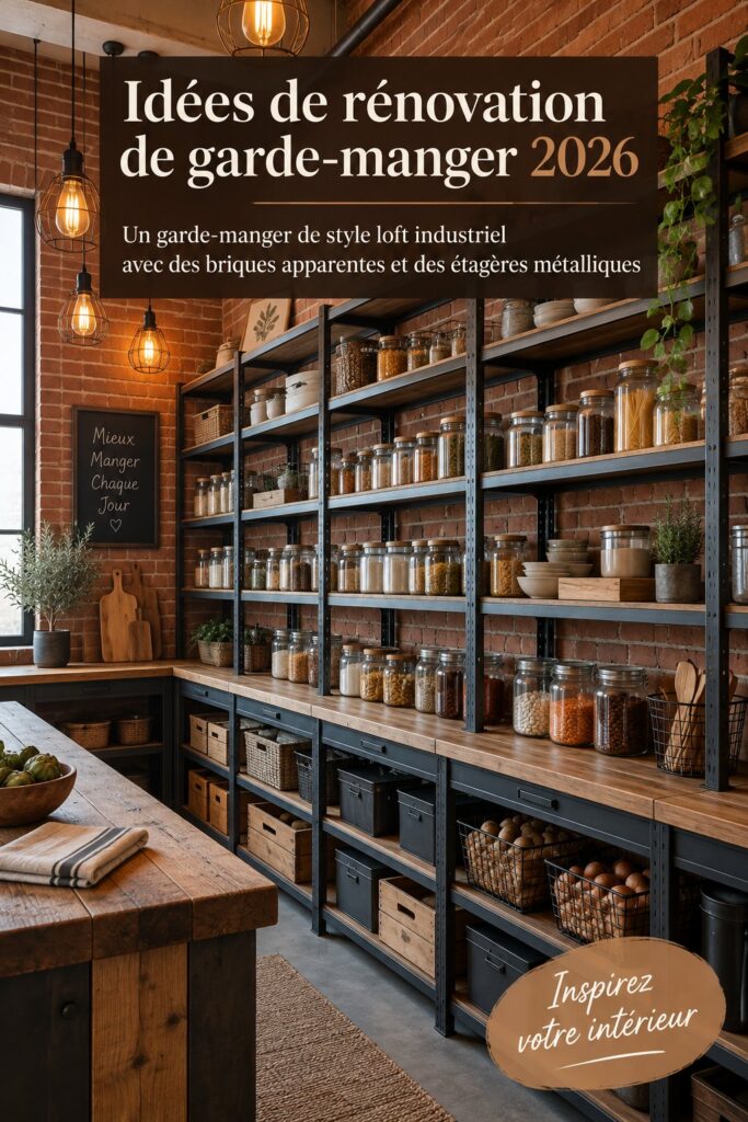 Un garde-manger moderne avec des éléments industriels comme des briques apparentes et des grilles métalliques.