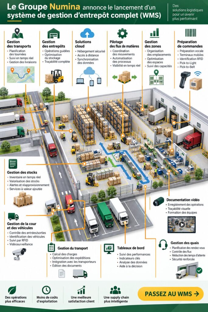 Visuel du système de gestion d'entrepôt proposé par Numina Group, facilitant la logistique.