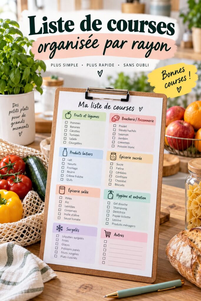 Une liste de courses organisée sur un tableau avec des rayons détaillés