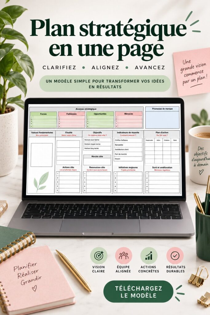 Femme réfléchissant à un plan stratégique sur une page avec des notes et un ordinateur.