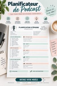 Femme utilisant un planificateur de podcast dans un espace de travail organisé