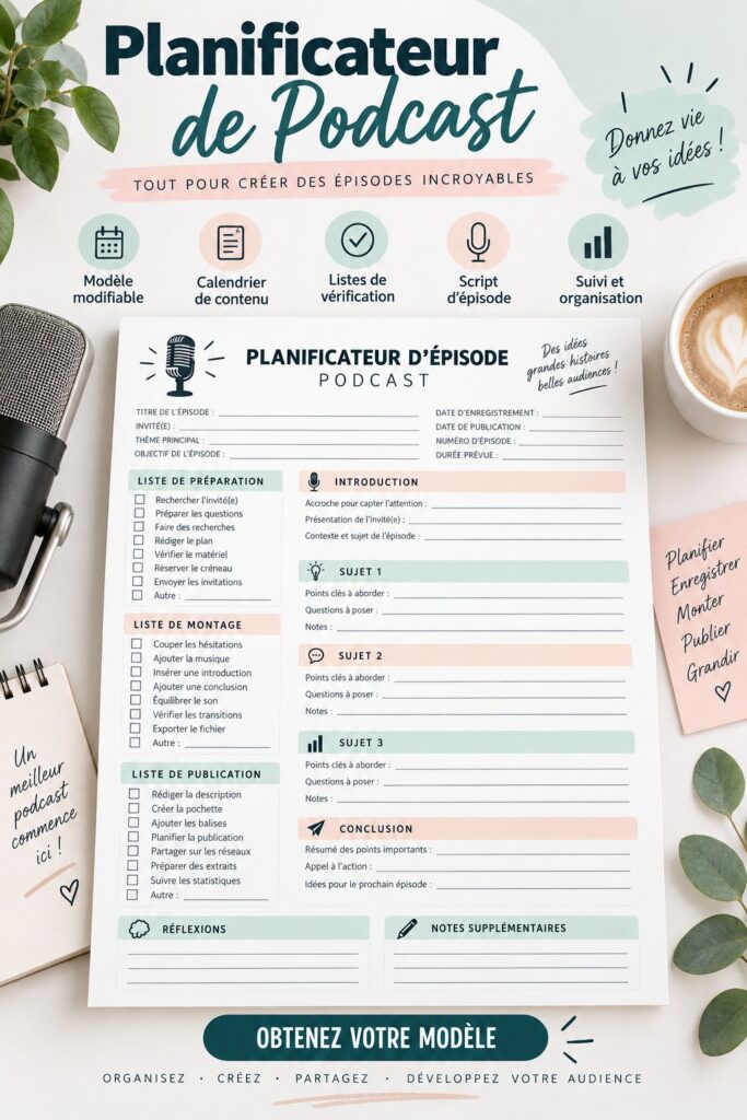 Femme utilisant un planificateur de podcast dans un espace de travail organisé