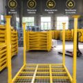 Rack empilable en métal jaune utilisé pour un rangement pratique dans une pièce