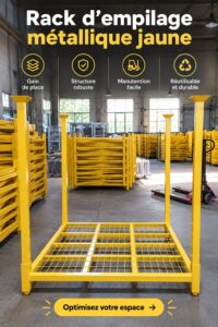 Rack empilable en métal jaune utilisé pour un rangement pratique dans une pièce