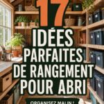 Un abri de jardin bien organisé avec des étagères et du matériel de jardinage.