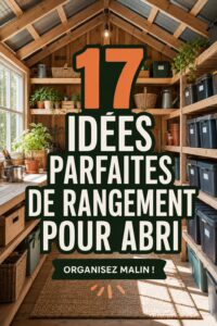 Un abri de jardin bien organisé avec des étagères et du matériel de jardinage.