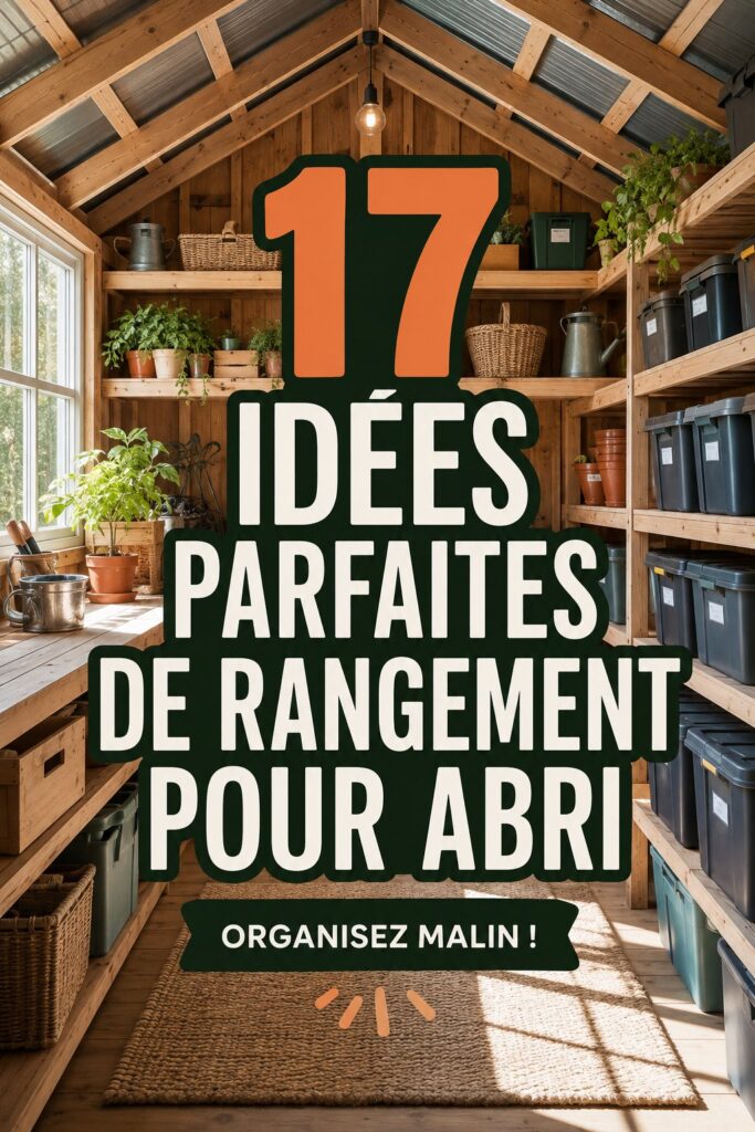 Un abri de jardin bien organisé avec des étagères et du matériel de jardinage.
