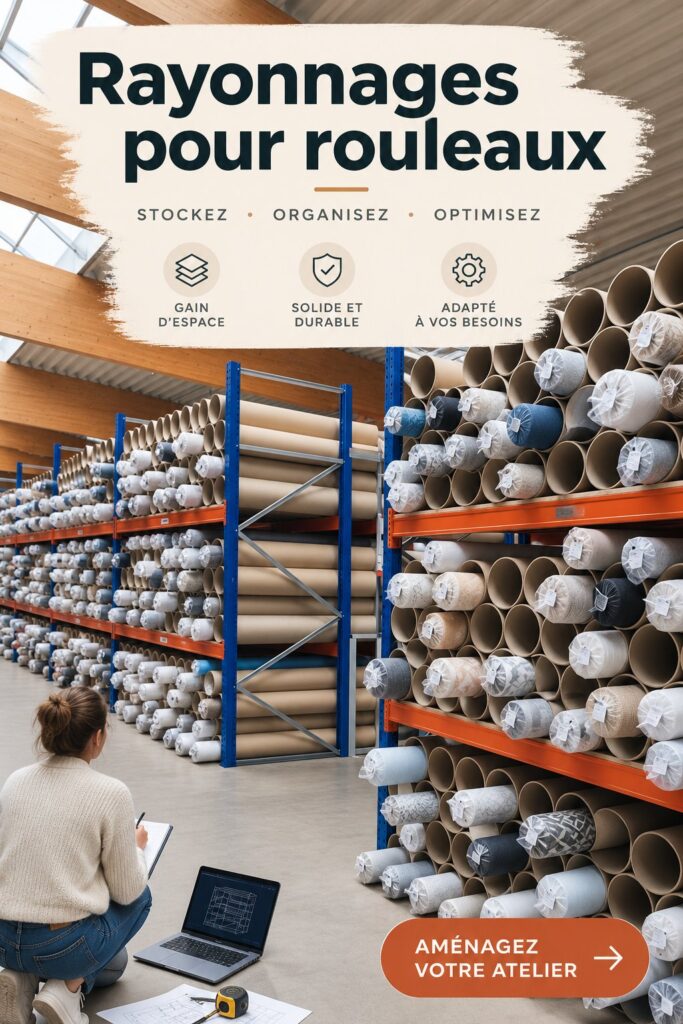 Espace de rangement optimisé pour rouleaux en tissu et en papier, offrant une présentation ordonnée.