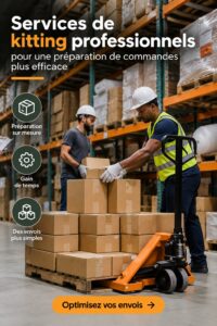 Service de kitting montrant des articles soigneusement emballés pour une logistique fluide.