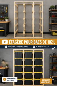 Support en bois conçu pour bacs de rangement de 102 litres dans une pièce bien organisée.