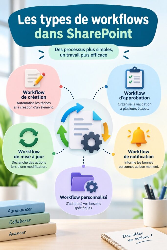 Visuel d'une interface SharePoint montrant des flux de travail optimisés