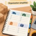 Un joli carnet ouvert sur un bureau de logistique, entouré de fournitures de bureau.