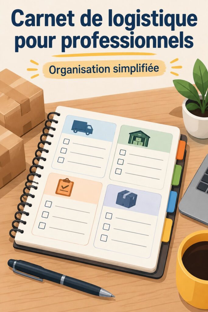Un joli carnet ouvert sur un bureau de logistique, entouré de fournitures de bureau.