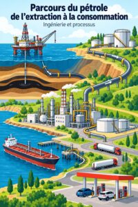 Illustration de la chaîne de valeur du pétrole et du gaz, montrant les différentes étapes allant des réservoirs aux consommateurs.