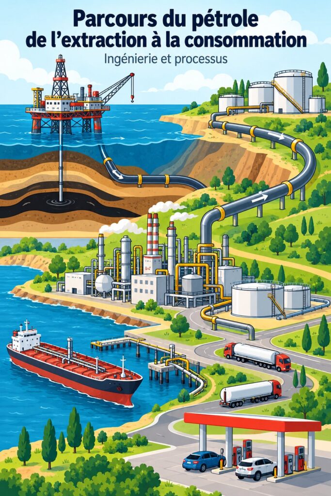 Illustration de la chaîne de valeur du pétrole et du gaz, montrant les différentes étapes allant des réservoirs aux consommateurs.