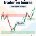 Femme consultant un graphique boursier sur un ordinateur avec des notes de trading.