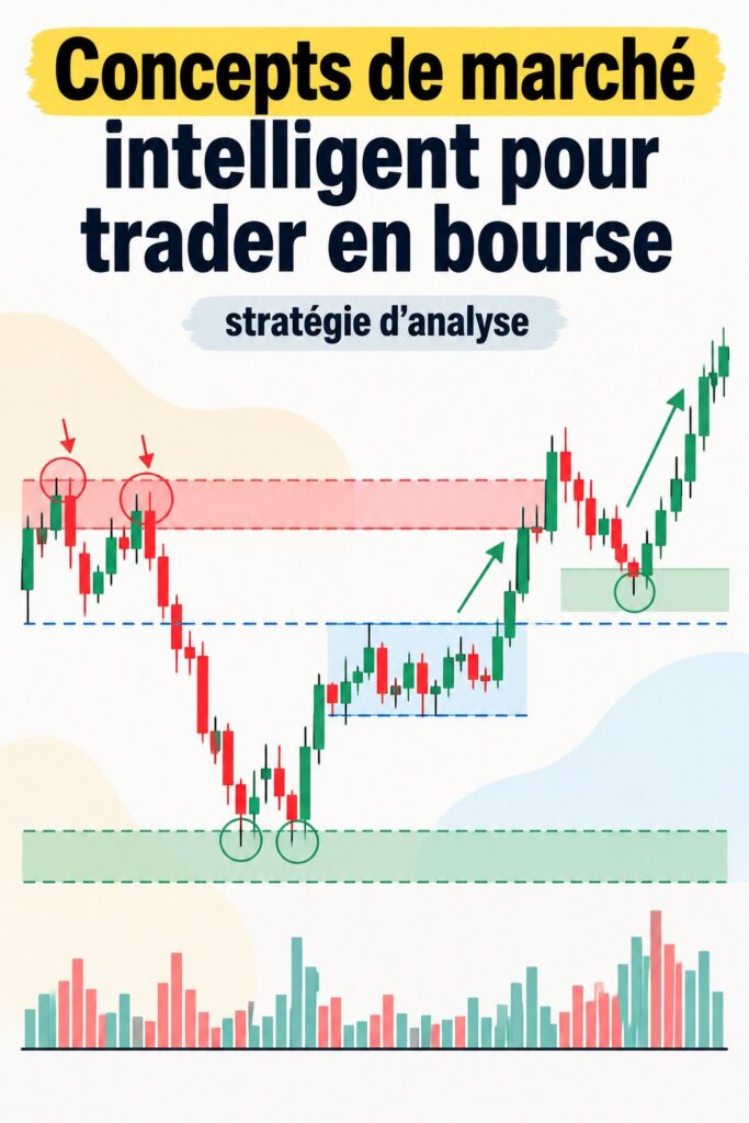 Femme consultant un graphique boursier sur un ordinateur avec des notes de trading.