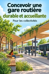Une gare routière moderne et durable avec verdure et espaces accueillants.