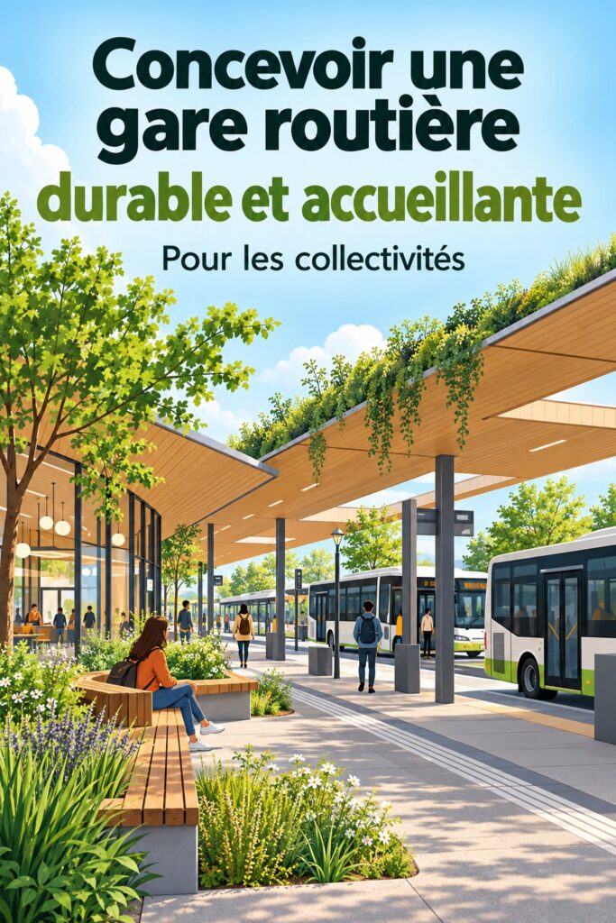 Une gare routière moderne et durable avec verdure et espaces accueillants.