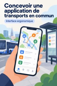 Illustration d'une maquette d'application de transport en commun avec des fonctionnalités clés visibles.