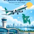Image représentant un aéroport moderne au Bangladesh avec des avions au décollage, symbolisant l'essor de l'aviation.