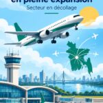 Image représentant un aéroport moderne au Bangladesh avec des avions au décollage, symbolisant l'essor de l'aviation.