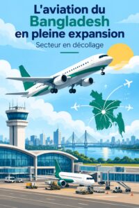 Image représentant un aéroport moderne au Bangladesh avec des avions au décollage, symbolisant l'essor de l'aviation.