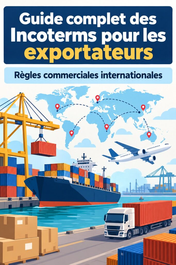 Illustration d'un guide des Incoterms 2025 avec des éléments logistiques
