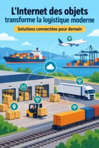Femme examinant des données logistiques sur une tablette avec technologie IoT en arrière-plan.