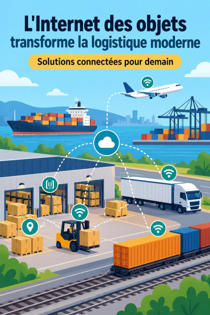 Femme examinant des données logistiques sur une tablette avec technologie IoT en arrière-plan.