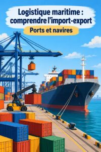 Vue aérienne d'un avion cargo survolant un port, illustrant la logistique d'exportation.